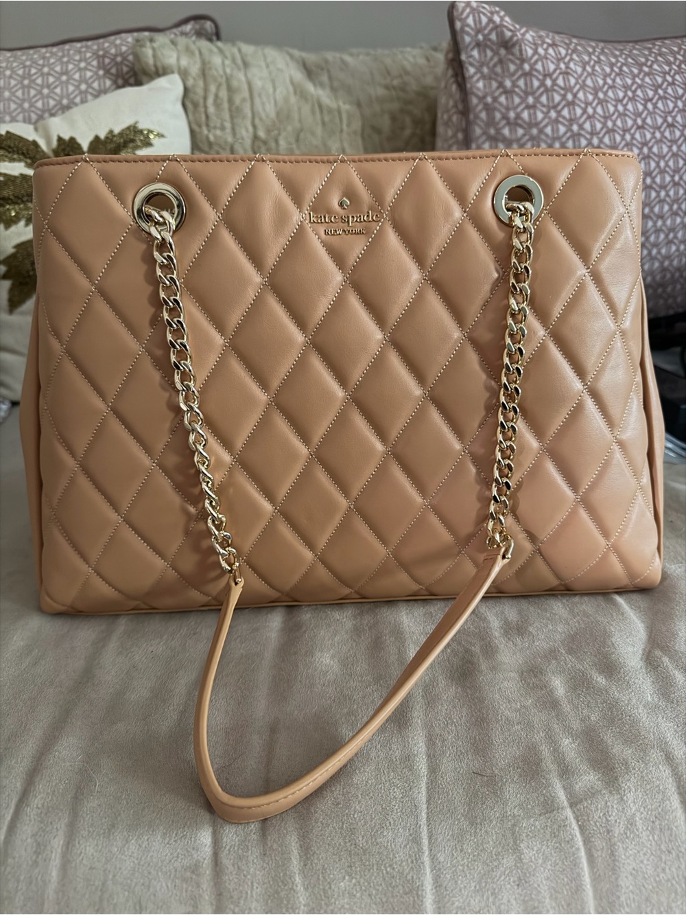 kate spade Quilted Leather Tote in light tan/tiramisu with Gold Chain